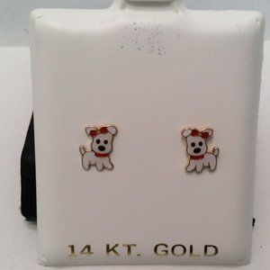14k Gold Puppy dog with a bow enamel Kids Stud